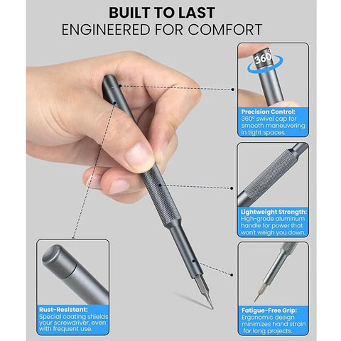 Hand holding the Top Notch 25 In 1 Precision Screwdriver Set With Magnetic Bits for precise gadget repairs, featuring a 360° swivel cap.