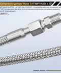 Top Notch Twenty Inch Stainless Steel Braided Air Compressor Jumper Hose Features One Quarter Inch Npt Male Fittings That Handle Four Hundred Fifty Psi Plus Extreme Heat For Heavy Duty Shop Projects Without Breaking A Sweat.