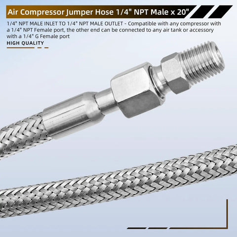 Top Notch Twenty Inch Stainless Steel Braided Air Compressor Jumper Hose Features One Quarter Inch Npt Male Fittings That Handle Four Hundred Fifty Psi Plus Extreme Heat For Heavy Duty Shop Projects Without Breaking A Sweat.