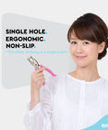 Woman holding Metal Single Hole Punch For Paper And Crafts With Soft Grip Handles, Pink Quarter Inch Hole Puncher, ideal for scrapbooking.