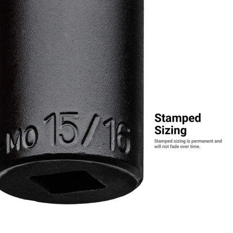 Close-up of Half Inch Drive Shallow And Deep Impact Socket Set SAE, showing stamped sizing on 15/16 inch socket for durability.
