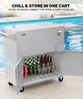 80 Quart Rolling Ice Chest On Wheels For Outdoor Parties with open cabinet showing wine bottles and glasses by poolside