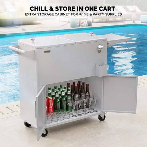 80 Quart Rolling Ice Chest On Wheels For Outdoor Parties with open cabinet showing wine bottles and glasses by poolside