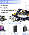 Rechargeable LED Headlamp With 18000 Lumens package including headlamp, USB cable, batteries, instruction manual