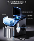 Smart Ice Maker Countertop With Voice Control And WiFi showing open ice basket, scoop, and control panel.
