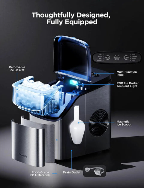 Smart Ice Maker Countertop With Voice Control And WiFi showing open ice basket, scoop, and control panel.