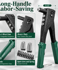 Smooth Operator Heavy Duty Hand Riveting Tool Kit featuring a long handle, changeable nozzles, and ergonomic grips.