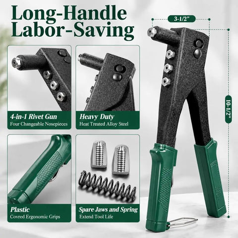 Smooth Operator Heavy Duty Hand Riveting Tool Kit featuring a long handle, changeable nozzles, and ergonomic grips.