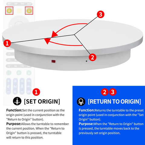 Top Rated 23.6 Inch Heavy Duty Motorized Electric Turntable With Remote Control Rotating Photography Platform For Display with control buttons.