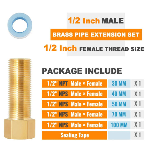 Image of Five Pack Brass Extension Adapter Set With One Half Inch Male To One Half Inch Female Pipe Fittings, includes sealing tape and size chart.