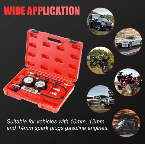 Front view of JIFETOR cylinder leak-down tester kit in red plastic case with dual pressure gauges