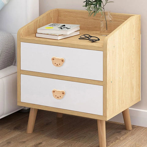 Nightstand with Bear Shaped Wooden Knobs 6 Pieces Single Hole Beech Wood Cabinet Handles, ideal for kids room furniture hardware.