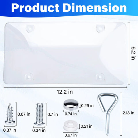 Two Pack Clear License Plate Covers For Car Unbreakable Protection With UV Shield, product dimensions and included hardware.