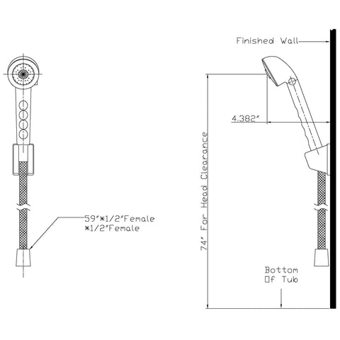 Technical drawing of RV Shower Faucet Valve Diverter With Matching Go To Handheld Shower Set in Brushed Bronze for motorhomes.
