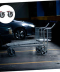 Heavy Duty Non Slip Swivel Caster Wheels With Safety Brake Industrial Rubber Rollers installed on metal cart in parking lot