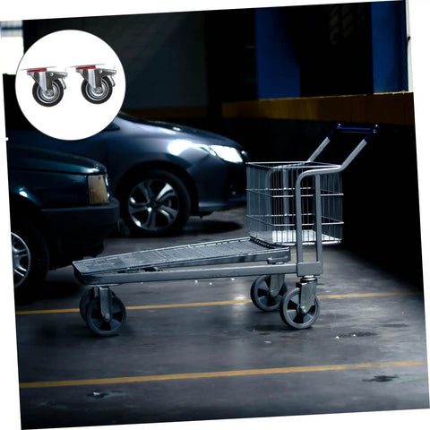 Heavy Duty Non Slip Swivel Caster Wheels With Safety Brake Industrial Rubber Rollers installed on metal cart in parking lot