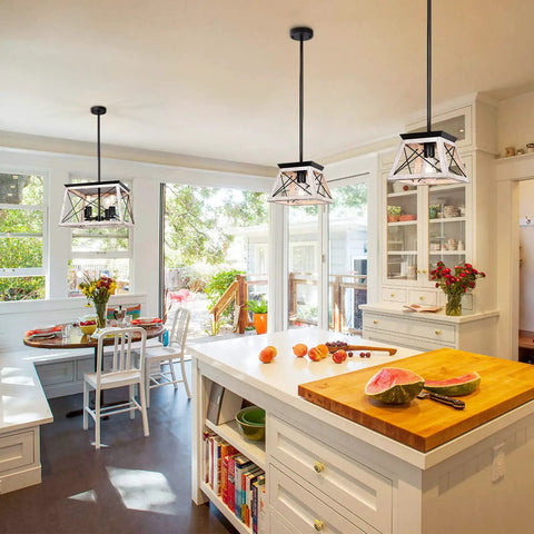 Modern kitchen scene with Farmhouse Pendant Light Fixture Rustic Beige Hanging Vintage Pendant Chandelier for kitchen island.