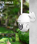 Outdoor Security Camera 1080P HD WiFi With 360 Pan Tilt Night Vision Two Way Audio IP65 Weatherproof mounted on wall.