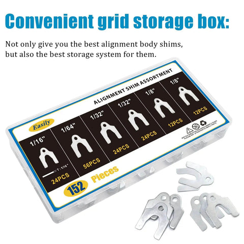 152 Piece Auto Alignment Shims Kit For Car Body And Suspension Adjustment With Zinc Plated Spacers In 1/64 1/32 1/16 And 1/8 Inch Sets For Camber And Caster Tuning Rust Resistant And Durable shown in storage box