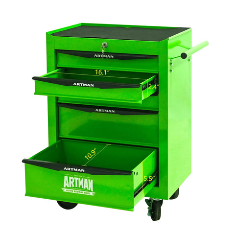 Heavy Duty Rolling Tool Cart Featuring Locking Casters and Smooth Ball Bearing Drawer Slides for Garage Organization or Mechanic Workshop Storage Slick Green Steel Build Hella Tough for Daily Jobs with open drawers.