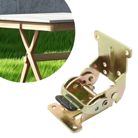 Badass Stability Adjustable Folding Hinge Lock Extension Support With Self Locking Mechanism For Table Legs And RV Setups close-up view of gold hinge lock mounted on table