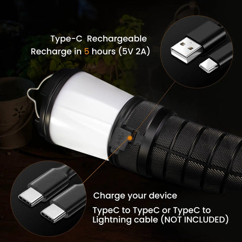 Close-up of Rechargeable Camping Lantern LT1 With 8 LH351D LEDs showing USB-C charging port and cable options