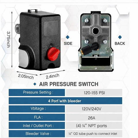 Go To Air Compressor Pressure Switch Kit 26 Amp 120/240 Volt front and back view with measurements