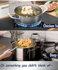 Solid Stainless Steel Spider Strainer Skimmer Ladle for Cooking and Frying, straining chicken soup and frying food on stove