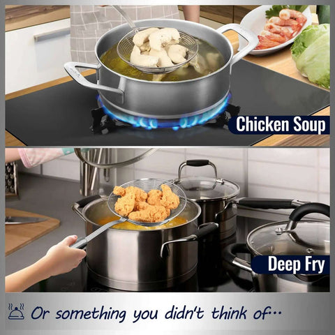 Solid Stainless Steel Spider Strainer Skimmer Ladle for Cooking and Frying, straining chicken soup and frying food on stove