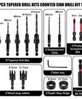 Tapered Countersink Drill Bit Set For Woodworking 15 Piece Includes Wood Plug Cutters Depth Stop Rings Phillips Bits Extension Shaft And Allen Key Industrial Grade Nitride Treated Quick Change Quarter Inch Hex Shank.