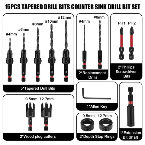Tapered Countersink Drill Bit Set For Woodworking 15 Piece Includes Wood Plug Cutters Depth Stop Rings Phillips Bits Extension Shaft And Allen Key Industrial Grade Nitride Treated Quick Change Quarter Inch Hex Shank.