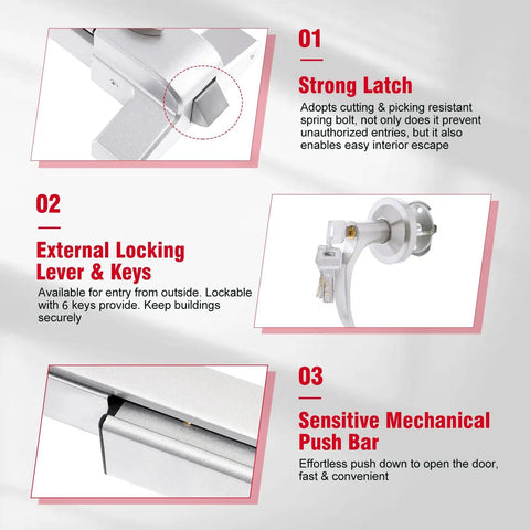 Exit Door Panic Bar Push Bar Exit Device With Exterior Lever Stainless Steel Commercial Door Hardware For 28 To 41 Inch Wood Or Metal Doors Fireproof Lock Easy Cuttable Workhorse Emergency Handle with strong latch, external locking lever, and sensitive push bar.
