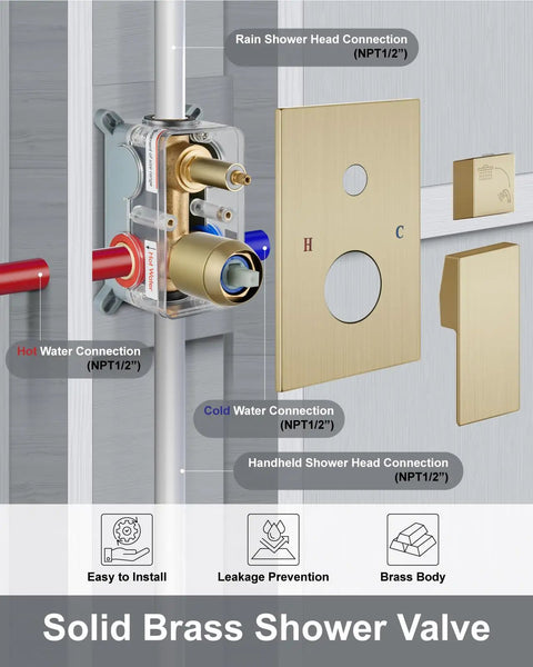 Big Splash 12 Inch Brushed Gold Shower System With Square Rainfall Head And Handy Handheld Sprayer Delivering Killer High Pressure Water Flow Even In Weak Lines Because It Just Hits Different