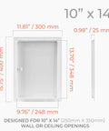 Top Notch 10 X 14 Inch Heavy Duty Metal Indoor Drywall Access Panel In Crisp White dimensions and design details.
