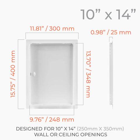 Top Notch 10 X 14 Inch Heavy Duty Metal Indoor Drywall Access Panel In Crisp White dimensions and design details.