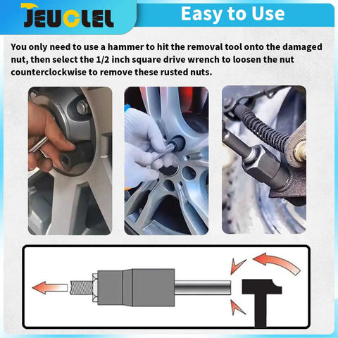 Installation instructions for a Twist Lug Nut Socket Set One Half Inch Drive Damaged Nut Lock Remover And Extractor Kit