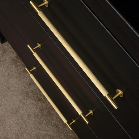 Two Pack Solid Brass Cabinet Pulls With Grooved Gold Bar Handles, 12.6 Inch Center To Center, 15.2 Inch Total Length, Brushed Brass Finish