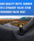 Close-up of 20x8-8 and 20x10-8 inner tube with TR13 straight valve stem, shown on a scenic background, highlighting valve details.