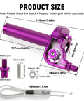 Universal 7/8 Inch CNC Quick Action Twist Throttle Kit With Cable, Purple, dimensions and components shown for dirt pit bikes ATVs
