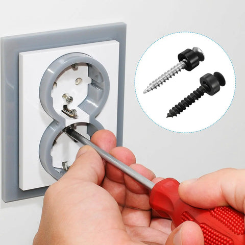 Person installing switch plate with screwdriver and black screws shown, related to Nylon Spacers Set M6 And M8, 81-Piece Non-Threaded Round Standoffs For PCB Motherboard Circuit Board Switch And Receptacle - Black Assortment Kit For Precise Mounting, Quick Build And Handy Electronics Projects.