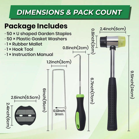 Beefed Up Six Inch Landscape Staples Kit With Fifty Galvanized U Shaped Stakes Fifty Gaskets Pick Hook And Rubber Mallet For Lawn Sod Weed Mat 11 Gauge Garden Pins For Yard product components and dimensions.