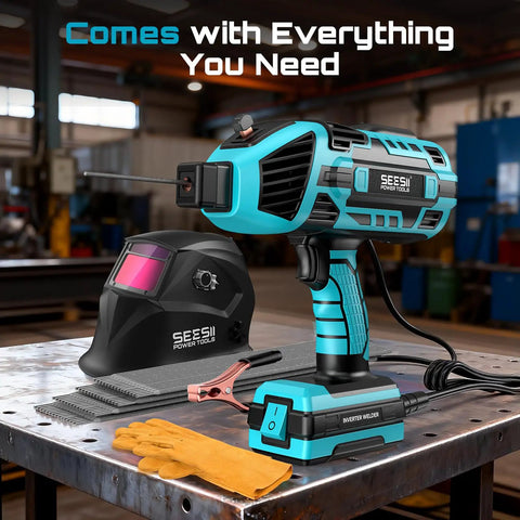 Portable 110V Welder Kit With Auto Darkening Helmet 120A Handheld Welder Includes 20 Welding Rods Gloves Ground Clamp on table