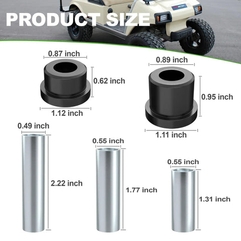Heavy Duty Golf Cart Front Suspension Kit For Club Car DS 1992 Up 12 Piece Spring Bushing Set With Sleeves Replacing Front Upper Arm And Front Lower Spring Bushings On Gas And Electric Models, with measured bushings and sleeves