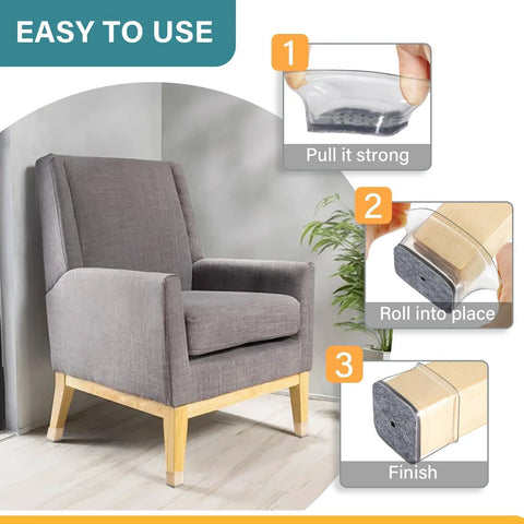 Square Silicone Felt Chair Leg Protectors Set Of 24 For Hardwood Floors shown on chair legs for scratch prevention and quiet glide.