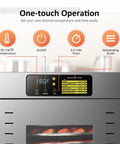 Control panel of Massive 360 Auto Rotate Food Dehydrator with temperature, timer, and dehydrating guide for precise drying.