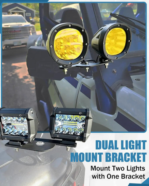 Universal Dual Pod Light Mounting Brackets for Off Road Vehicles with LED pods on SUV mirror, sturdy and easy install