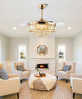 Crystal Chandelier Ceiling Fan With Retractable Blades, Remote Control, Dimmable Lights, Dope Fandelier in elegant living room