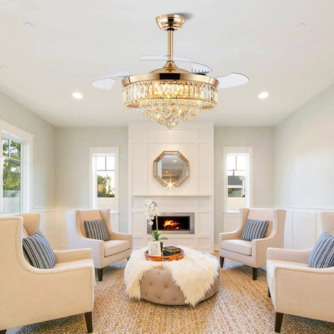 Crystal Chandelier Ceiling Fan With Retractable Blades, Remote Control, Dimmable Lights, Dope Fandelier in elegant living room