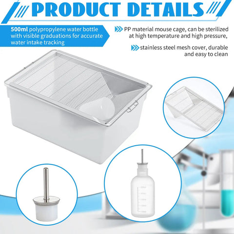 Heavy Duty Two Pack Lab Mouse Breeding Cages Spacious Plastic Rodent Housing with 500ml polypropylene water bottle and mesh cover.