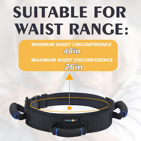 Gait Belt With Quick Release Buckle For Safe Elderly Transfers And No Fuss Mobility showing waist range 26-48 inches